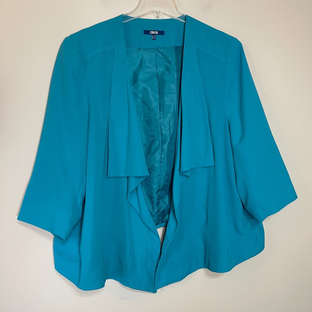 ASOS Womens Plus Size 22 Teal Blue Waterfall Open Front 3/4 Sleeve Blazer Jacket
